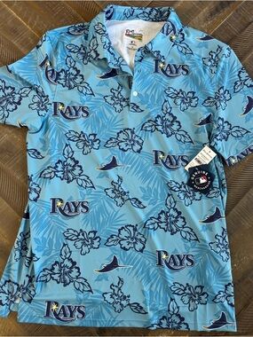 Reyn Spooner light blue and navy Tampa Bay Rays Hawaiian baseball polo